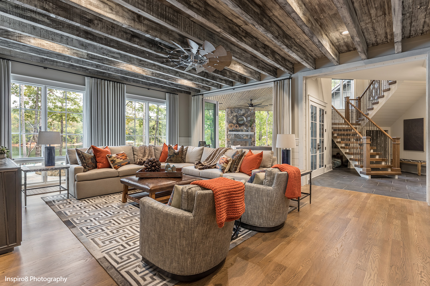 The Art Of The Walkout Basement Housing Design Matters brick-living-room-timber-frame-house-basement-remodeling-basement